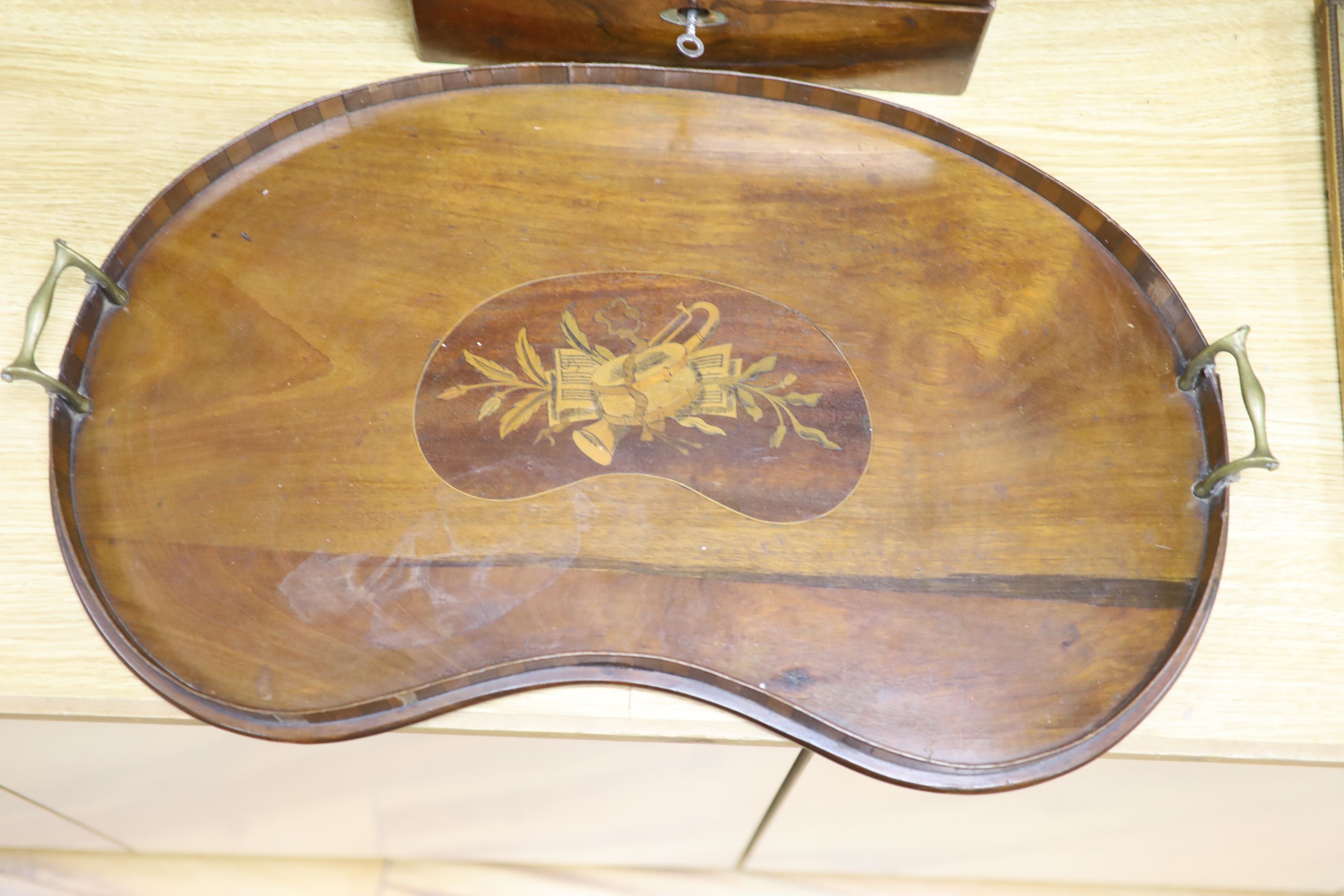 An Edwardian mahogany and marquetry kidney tray, length 61cm, and a Victorian walnut writing box